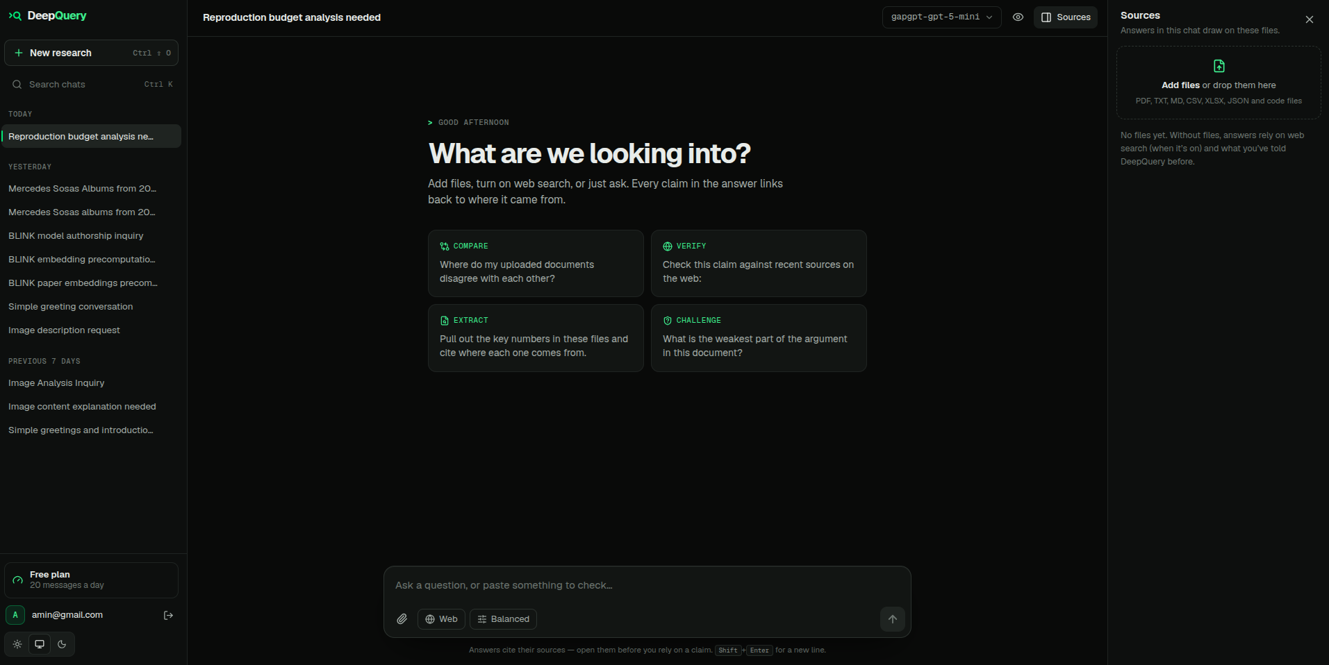 The start screen with suggestions and the sources panel