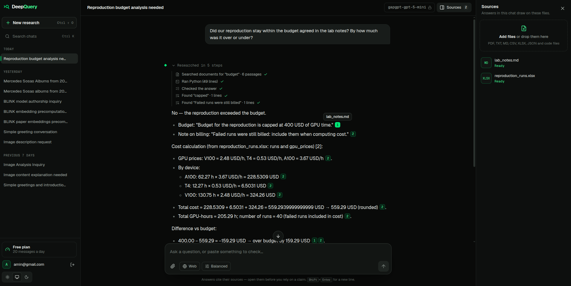 An answer with its research steps expanded, citation chips and the chat's sources