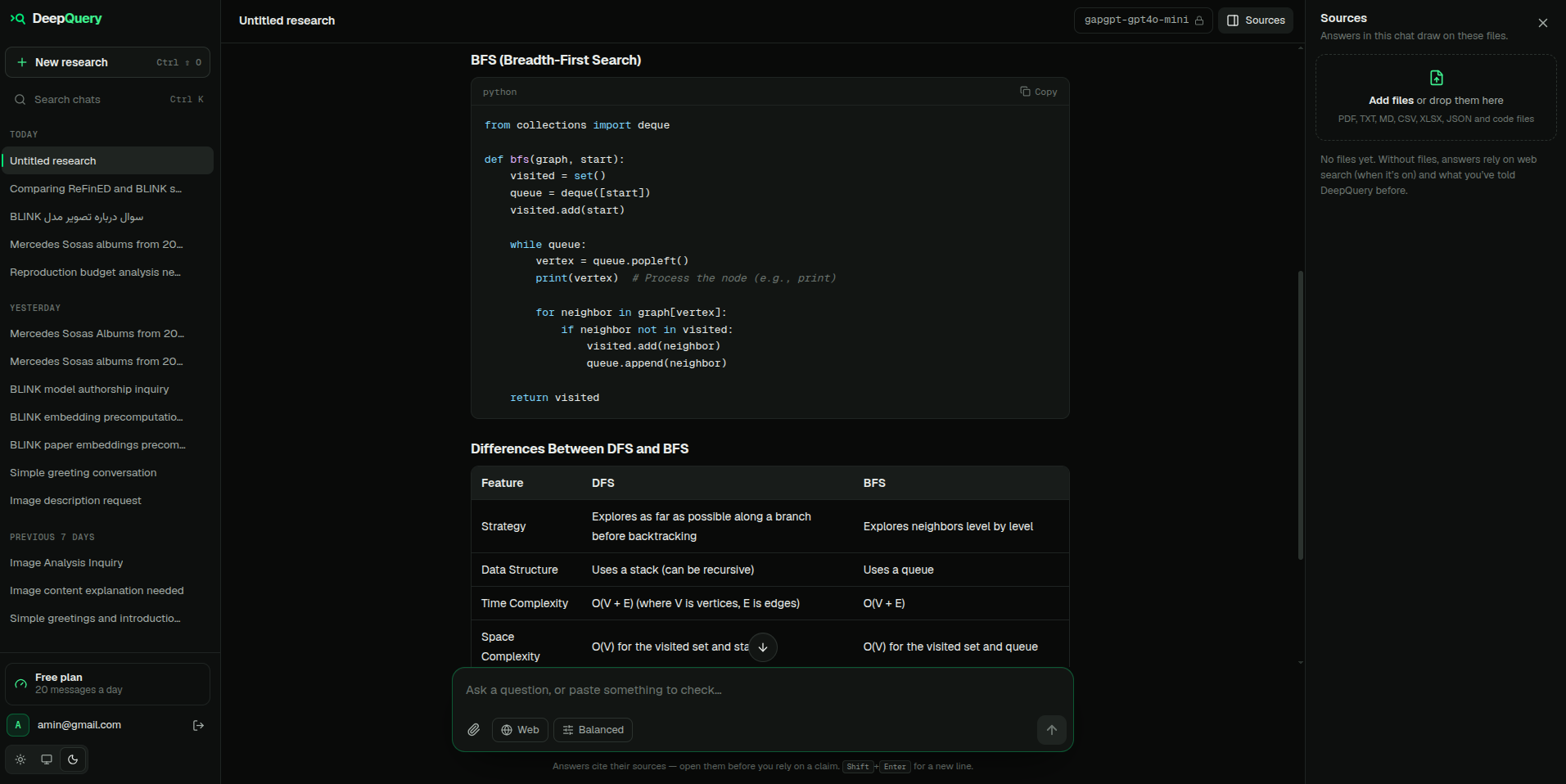Answers render code blocks and tables