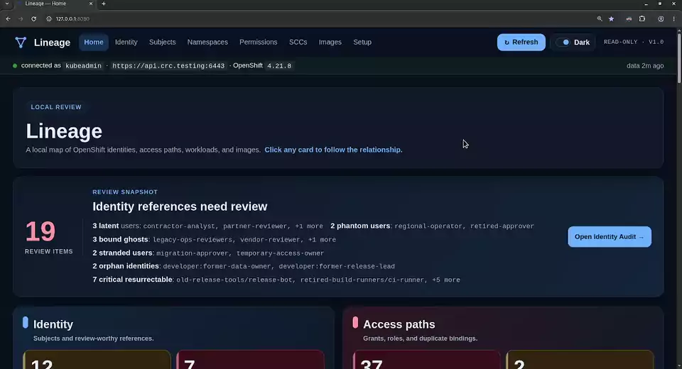 Lineage overview showing the dashboard and review pages