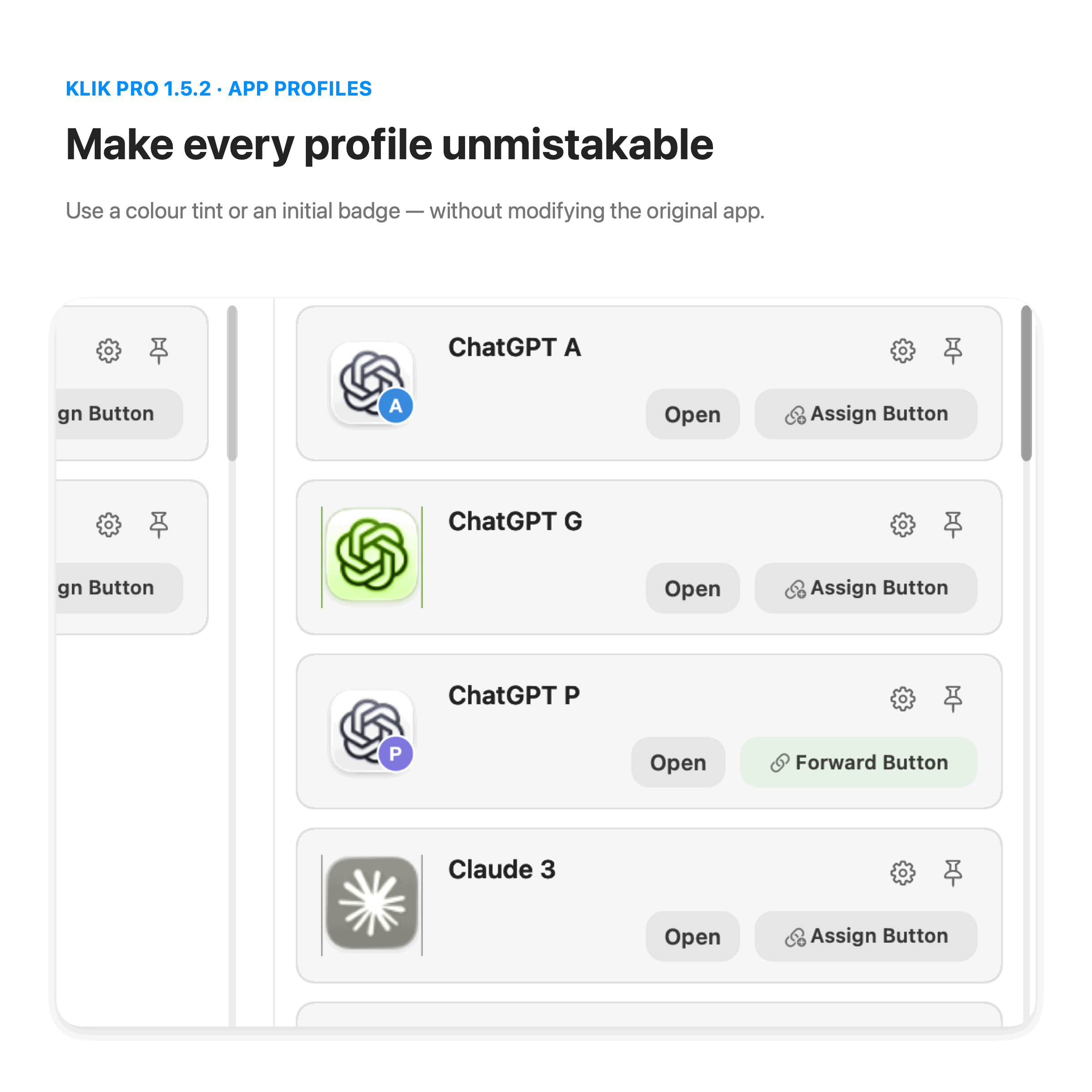 Klik PRO animation showing full-size tinted and initial-badged App Profile icons, profile management controls, and matching icons in the Mappings tab