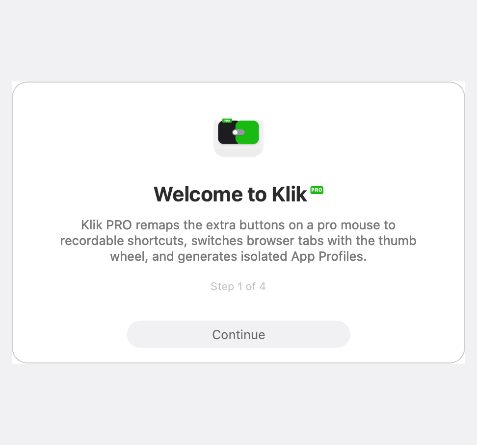 Klik PRO first-launch onboarding animation cycling through its four steps: Welcome, the data folder for profile logins, Preferences, and an opt-in Accessibility step