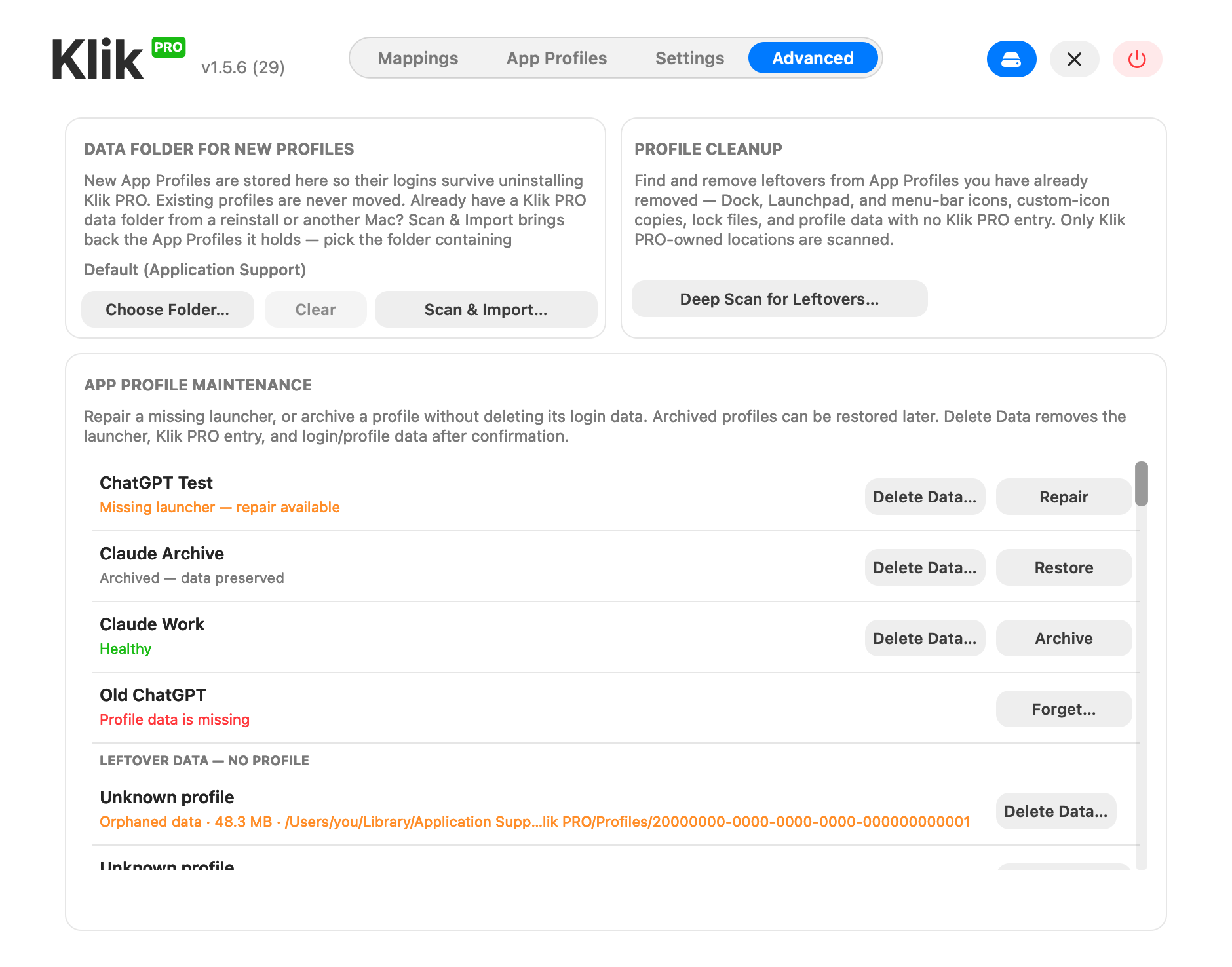 Klik PRO v1.5.3 Advanced tab unlocked, showing aligned Data Folder and Profile Cleanup cards above a responsive scrolling App Profile Maintenance panel
