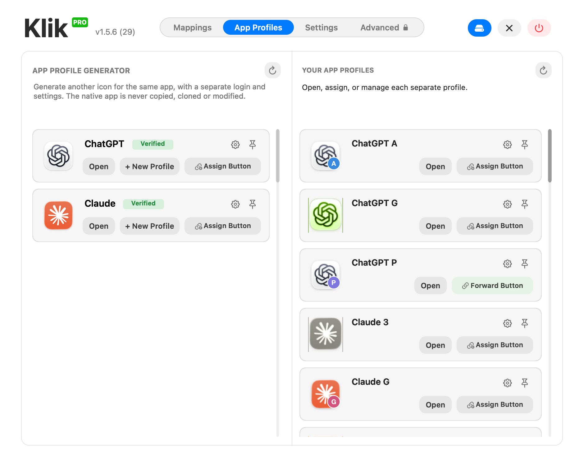Klik PRO App Profiles tab showing native-app Open, New Profile, and Assign Button actions plus individually styled generated profiles