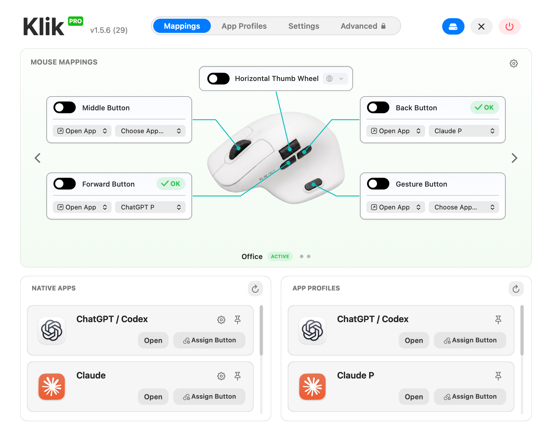 Klik PRO v1.5.3 Mappings tab with five compact mapping cards around the mouse and independently scrolling Native Apps and App Profiles lists