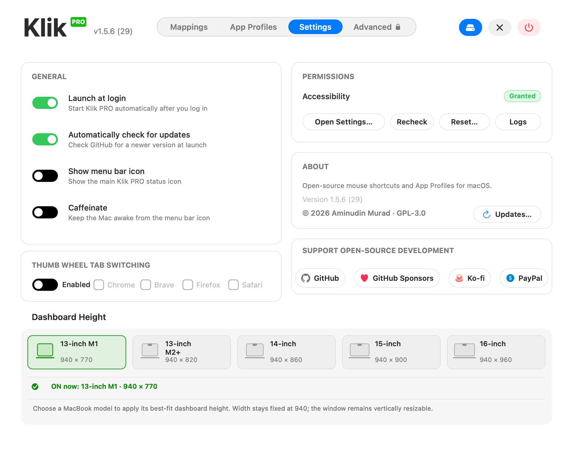 Klik PRO v1.5.6 Settings tab with five fixed-width Dashboard Height MacBook choices, compact Permissions actions, and Updates inside About