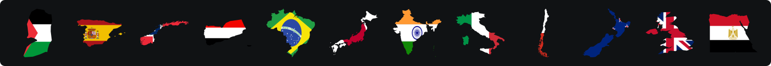 Twelve country outlines with their flags poured inside