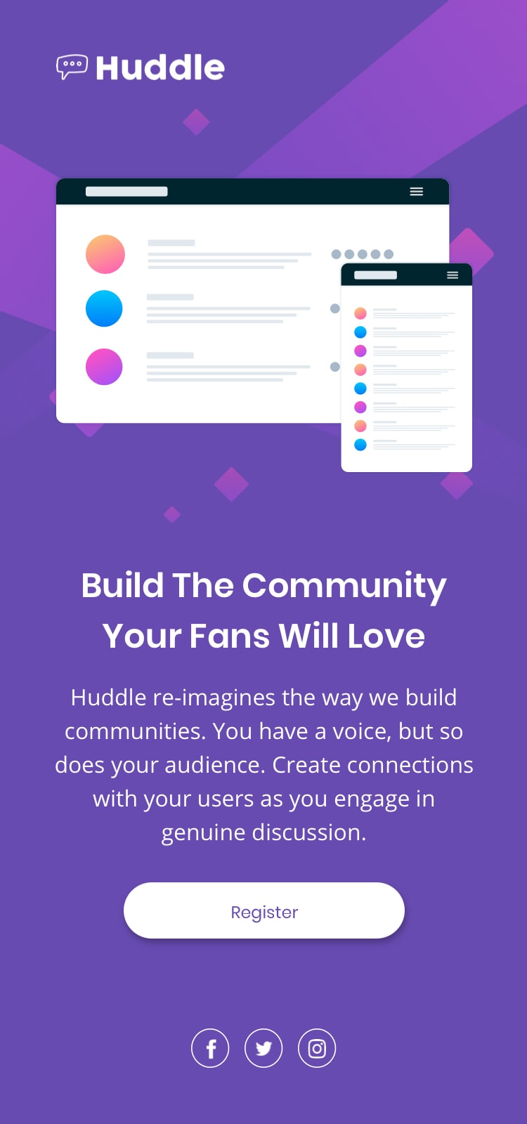 Design preview for the Huddle landing page