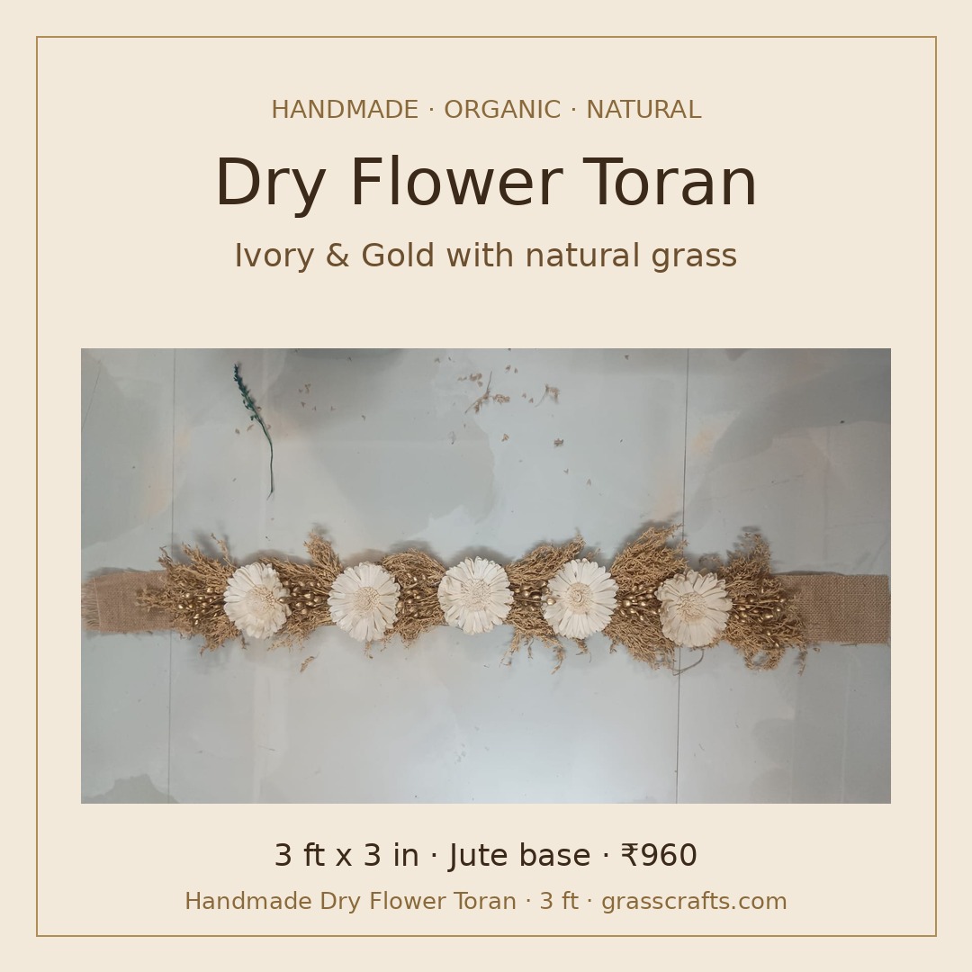 Ivory and gold dry flower toran with natural grass, 3 ft handmade on jute