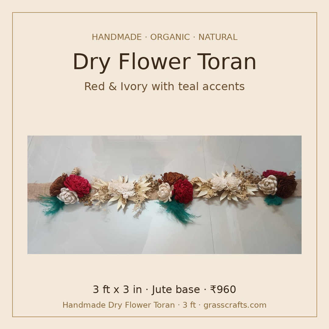 Red and ivory dry flower toran with teal accents, 3 ft handmade on jute