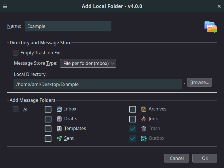 Screenshot of adding local folder in thunderbird application