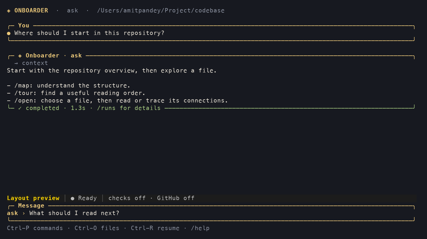 Onboarder 1.0.4 terminal chat with distinct message blocks, a model/status bar, and a pinned composer