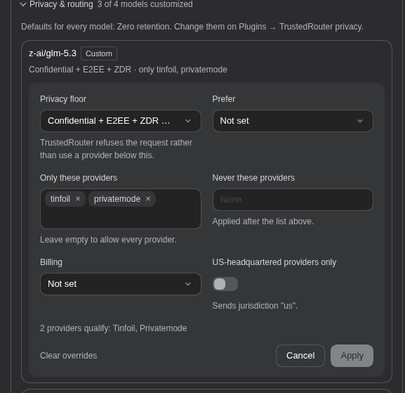 Editing z-ai/glm-5.3: a Confidential floor, limited to two providers
