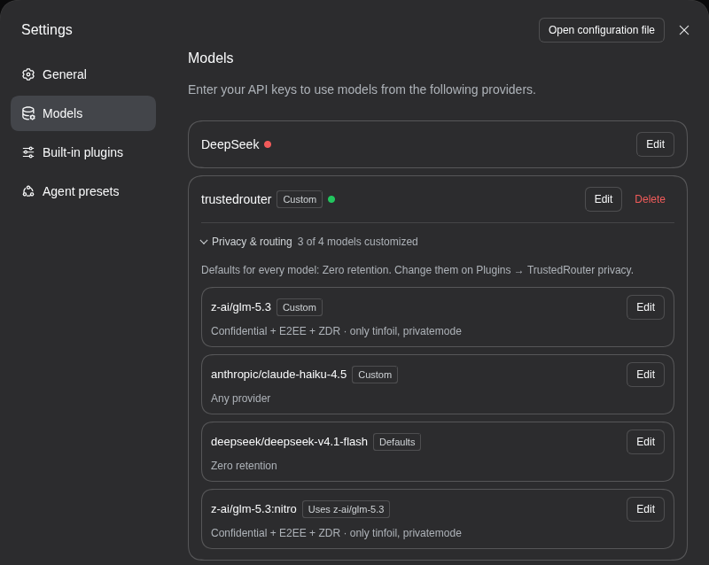 The Privacy & routing section inside a TrustedRouter card on Settings → Models