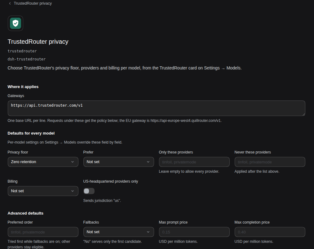 The TrustedRouter privacy page under Plugins