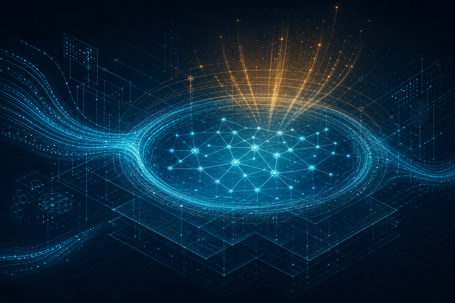 Abstract visualization of the Data Swimming Pool: streaming data flowing into a luminous pool containing an interconnected knowledge graph, with insight beams radiating outward