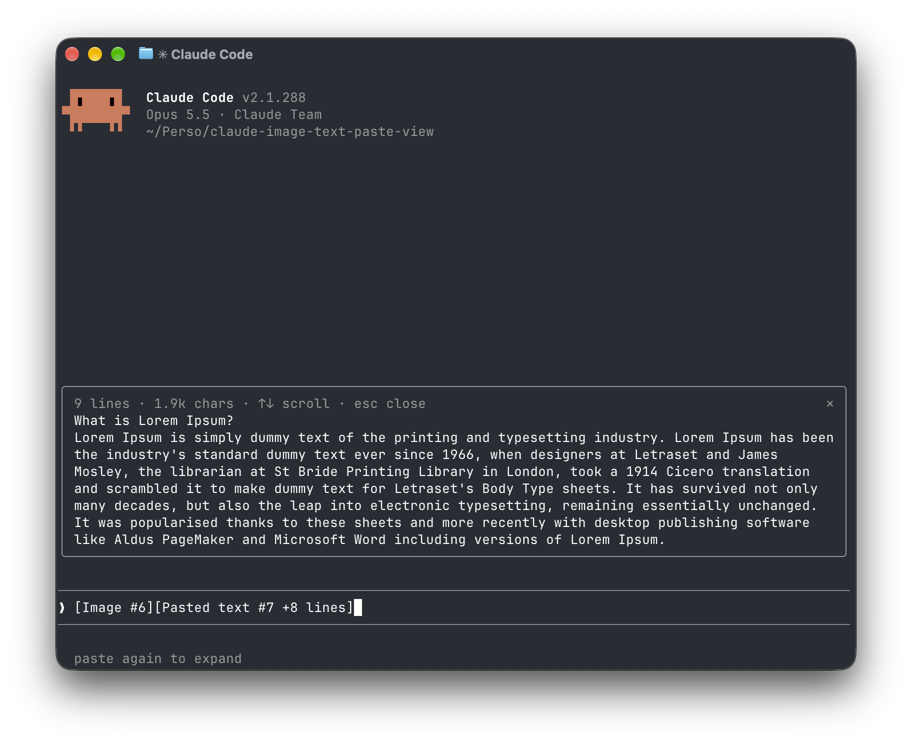 A pasted text opened whole in a pane, with its line and character counts