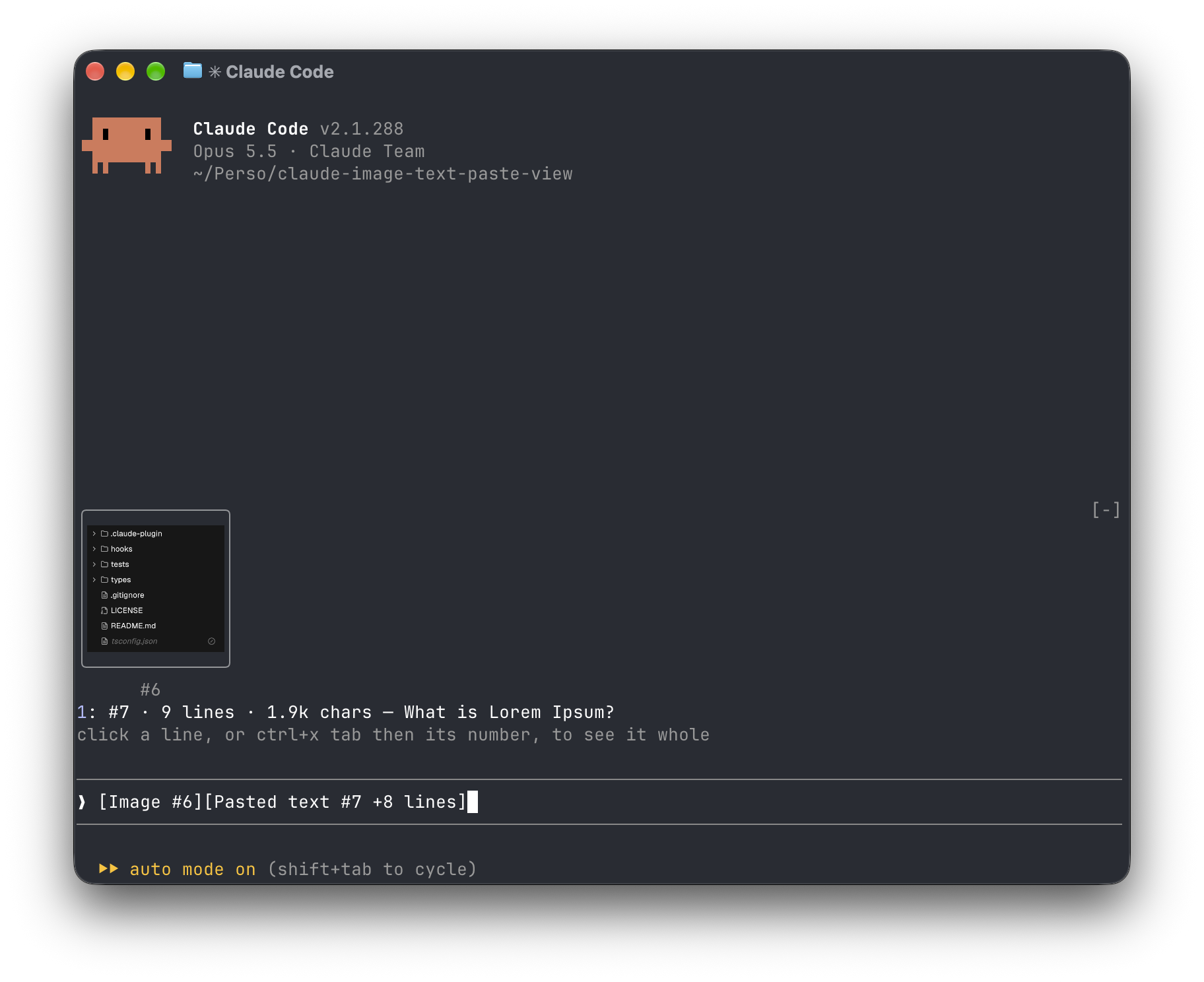 A pasted screenshot shown as a thumbnail and a pasted text as a one-line preview, above the prompt
