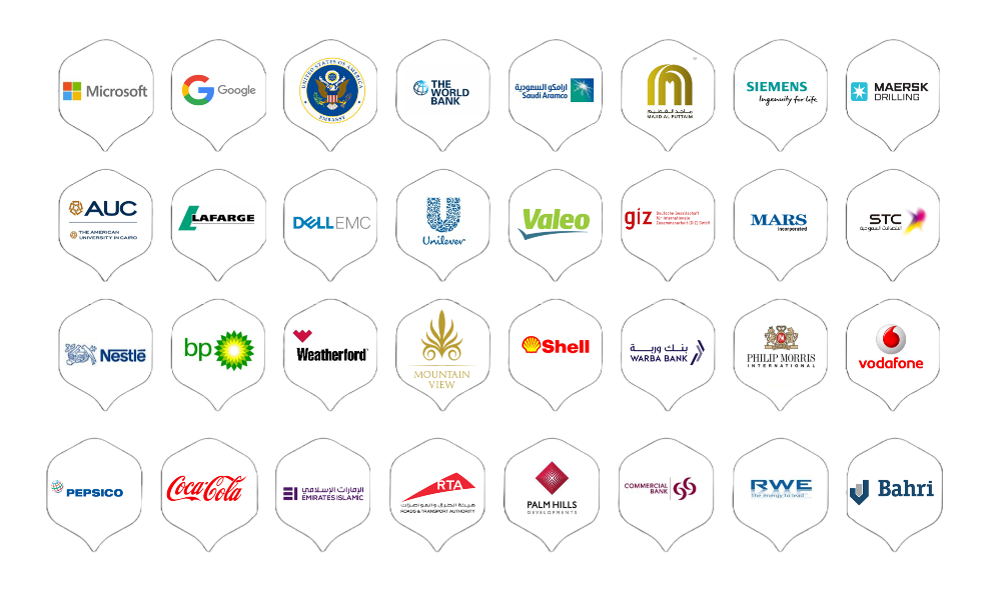 Client logos: Microsoft, Google, US Department of State, The World Bank, Saudi Aramco, Majid Al Futtaim, Siemens, Maersk Drilling, AUC, Lafarge, Dell EMC, Unilever, Valeo, GIZ, Mars, STC, Nestle, BP, Weatherford, Mountain View, Shell, Warba Bank, Philip Morris International, Vodafone, PepsiCo, Coca-Cola, Emirates Islamic, RTA, Palm Hills, Commercial Bank, RWE, Bahri
