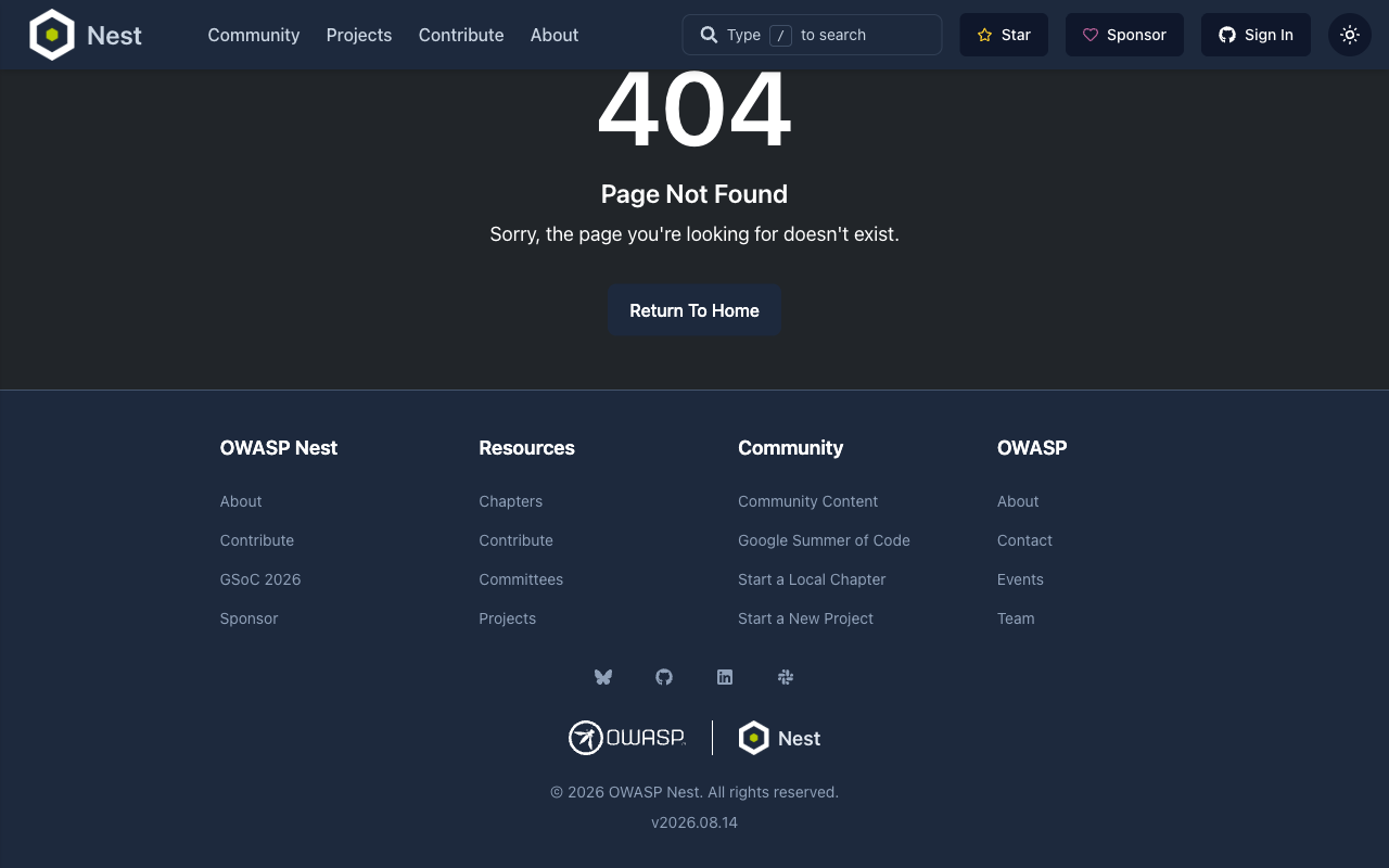 OWASP Nest 404 page served at /repositories on production