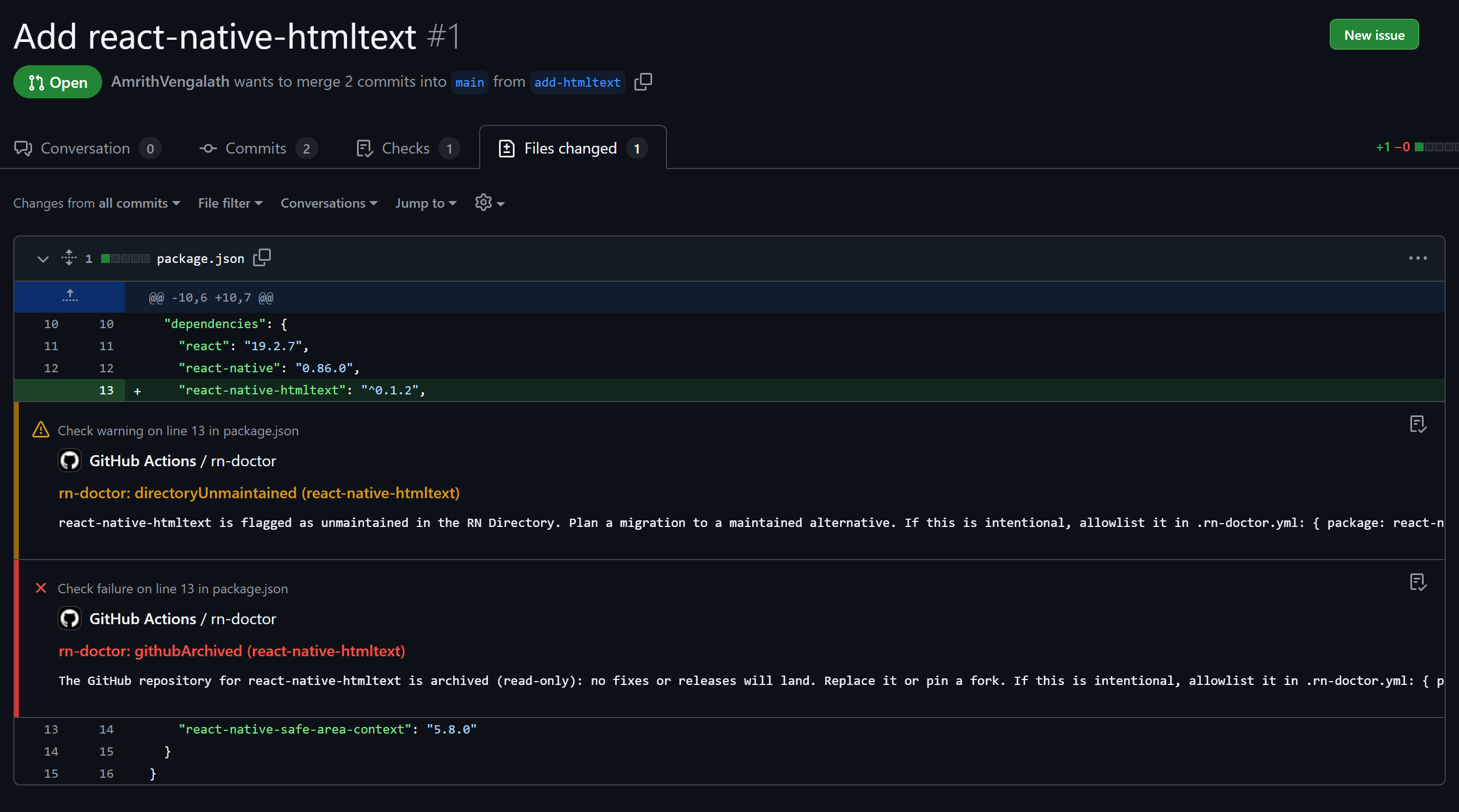 PR annotation: rn-doctor fails a pull request on the exact package.json line that adds a dying dependency
