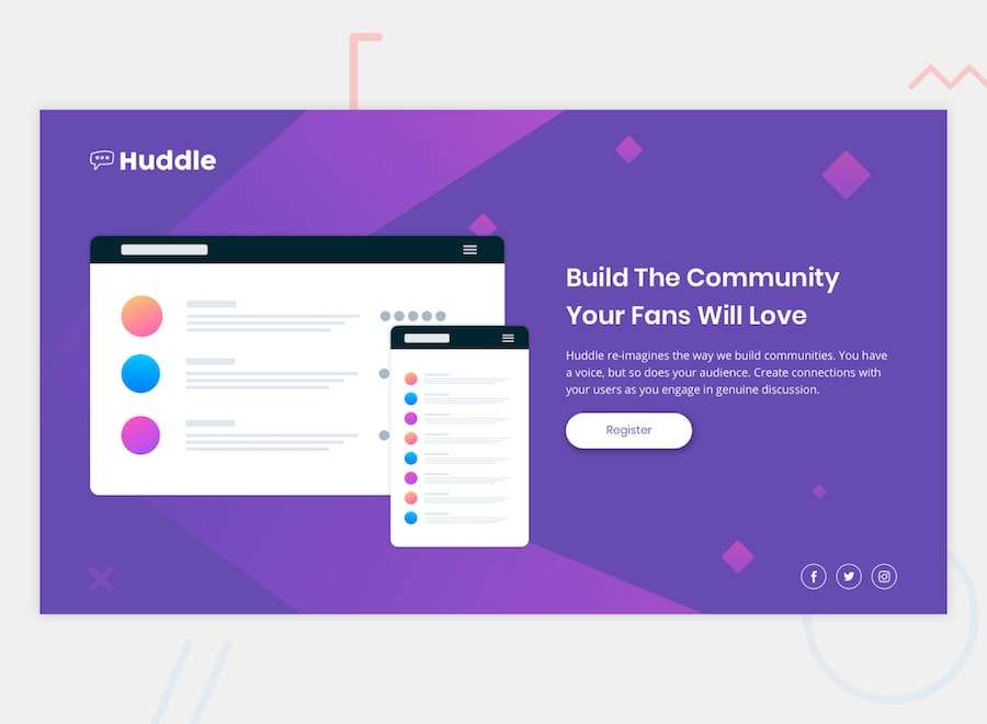 Design preview for the Huddle landing page with single introductory section