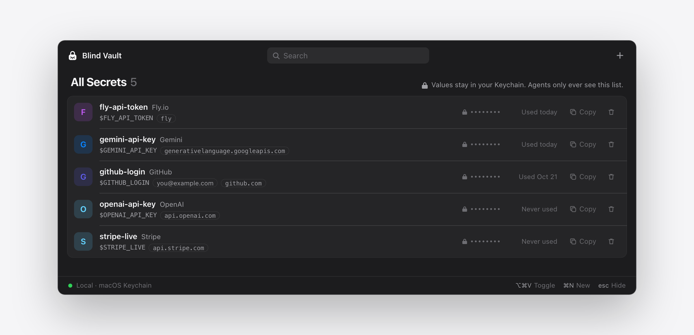 Blind Vault.app: pointer list with service tiles, env variables, scope chips and last-used dates; every value stays masked in the Keychain
