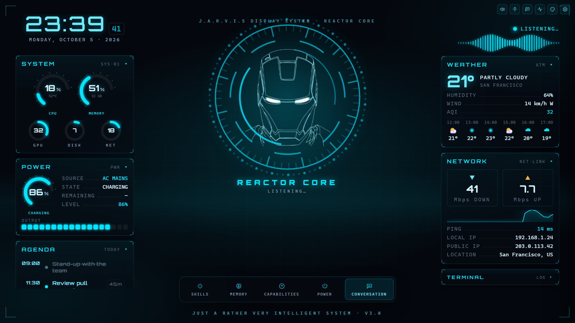 The JARVIS HUD: live system, power and agenda panels on the left, the reactor core in the centre, weather and network on the right