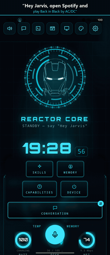 Demo: after "Hey Jarvis, open Spotify and play Back in Black by AC/DC", JARVIS opens Spotify on its own, goes to search, types the song and starts it playing