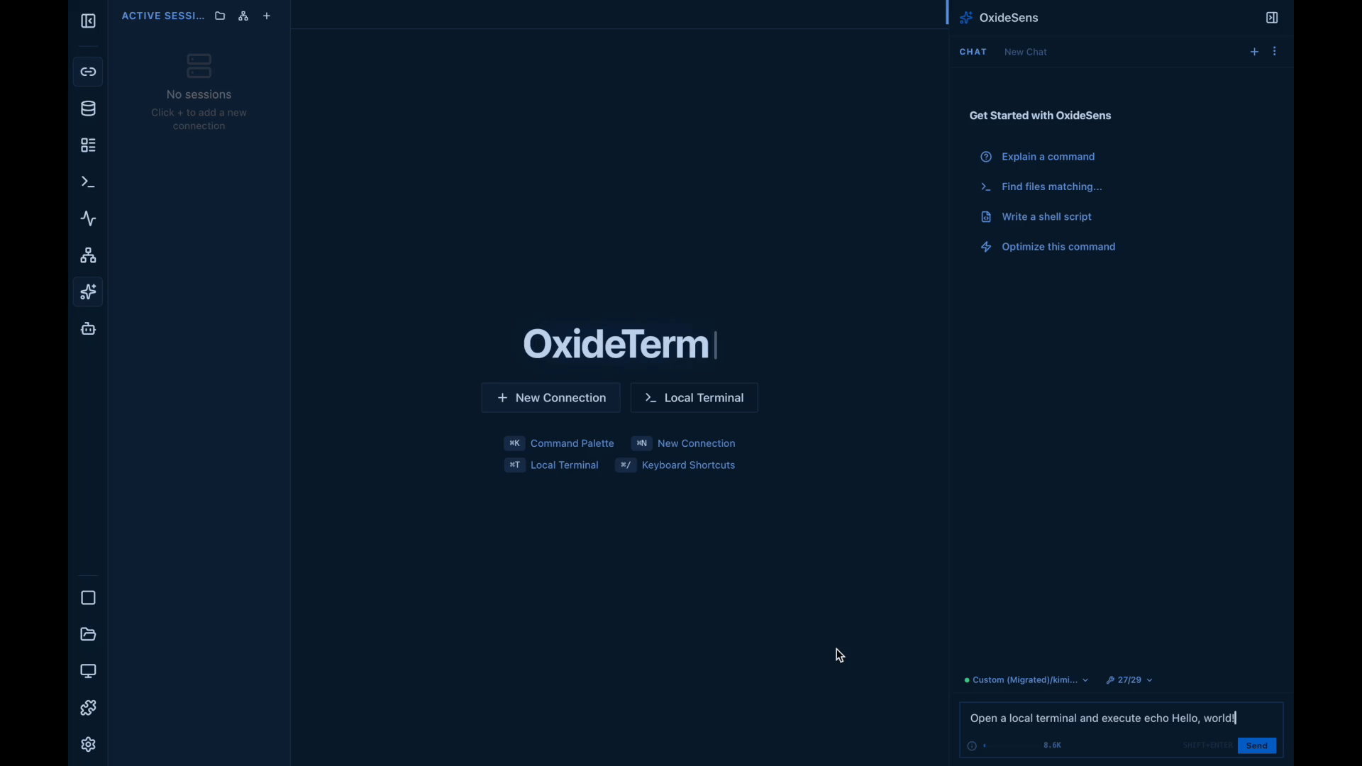 OxideSens opening a terminal inside OxideTerm