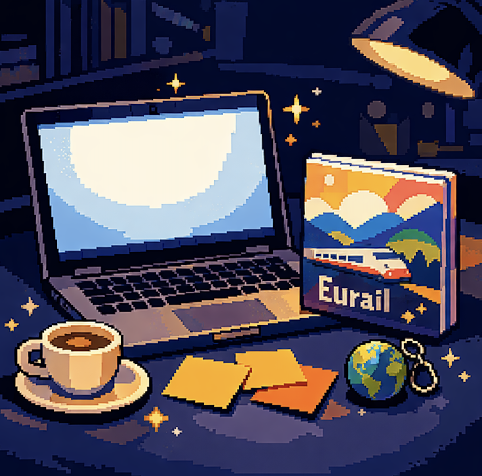 A pixel tableau of late‑night code, espresso rings, and half‑packed suitcases—where startup decks meet train timetables in perfect entrepreneurial motion blur.