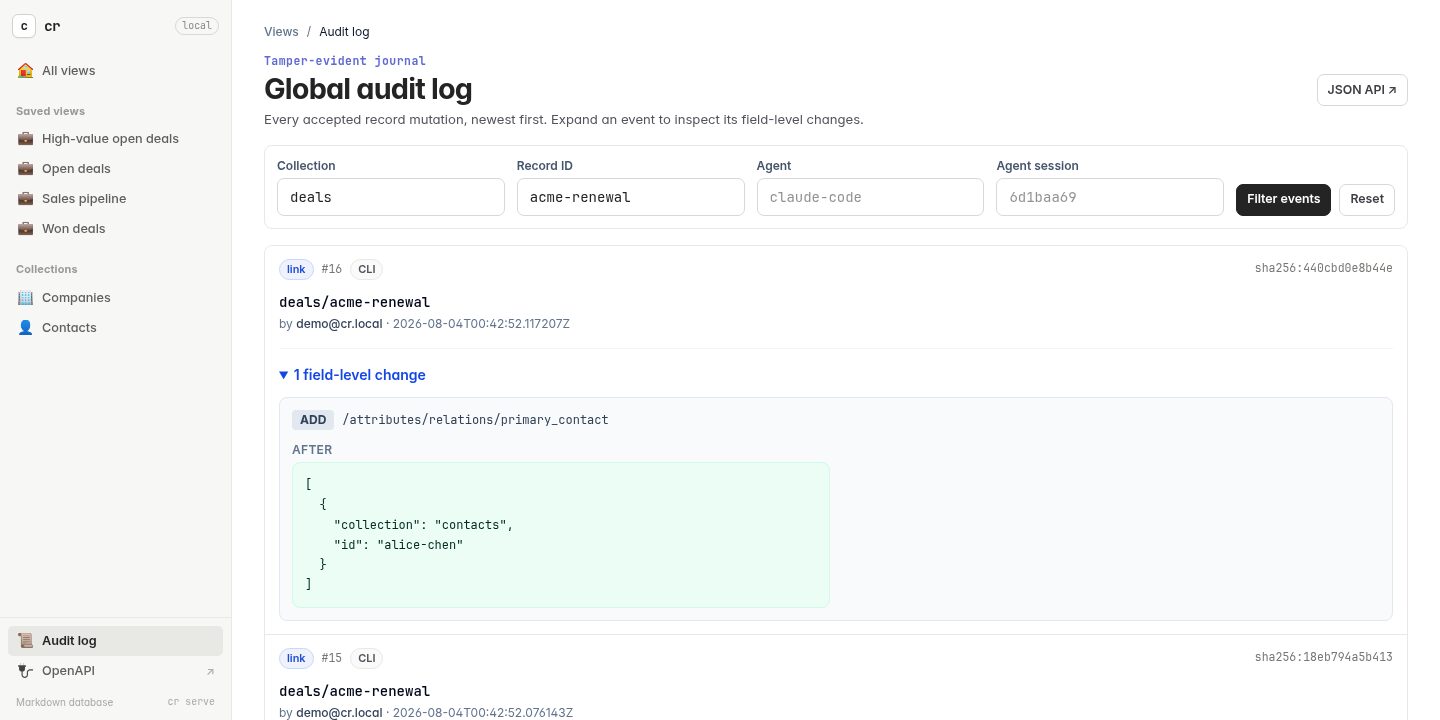 The global audit log filtered to one CRM deal, with a field-level change expanded
