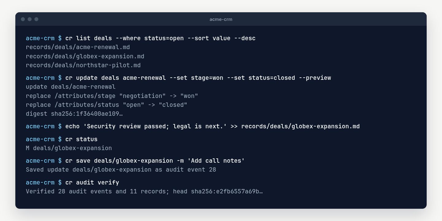 A terminal session that lists open deals, previews an update, edits a record file directly, and saves it