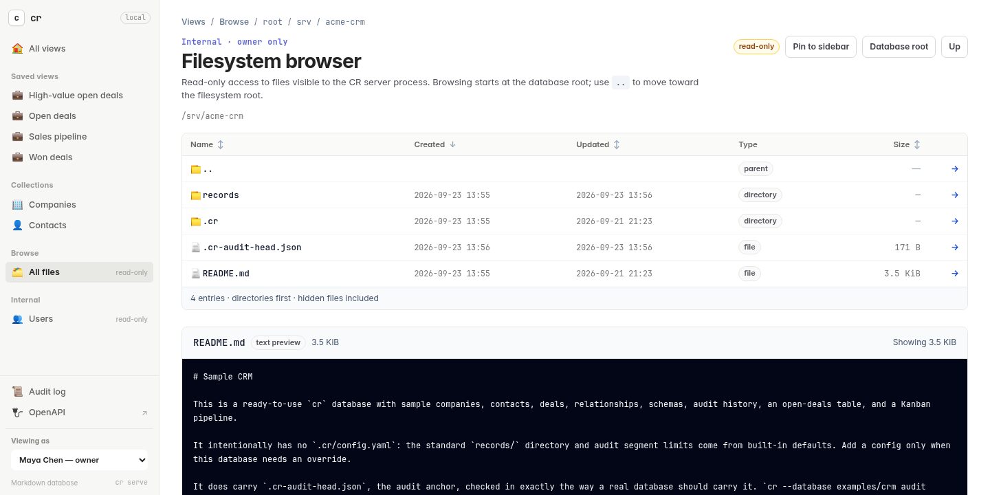 The owner-only file browser listing the database root, with its README previewed below