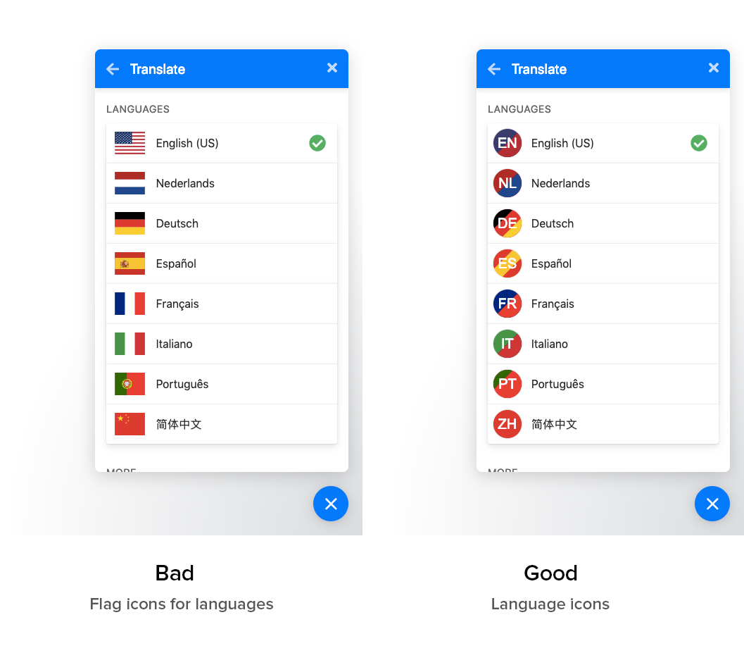 Example of flags versus language icons