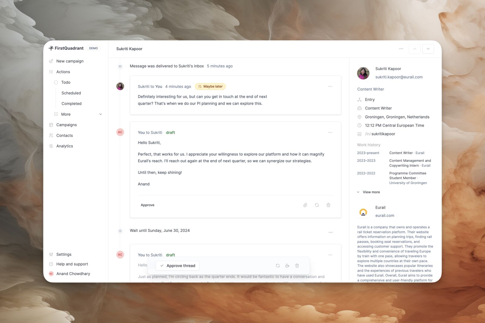 Full conversation thread with approval flow