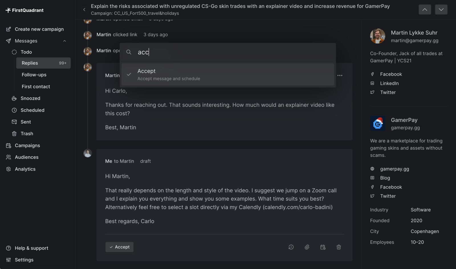 The full Actions inbox — conversation thread, contact panel, and command palette