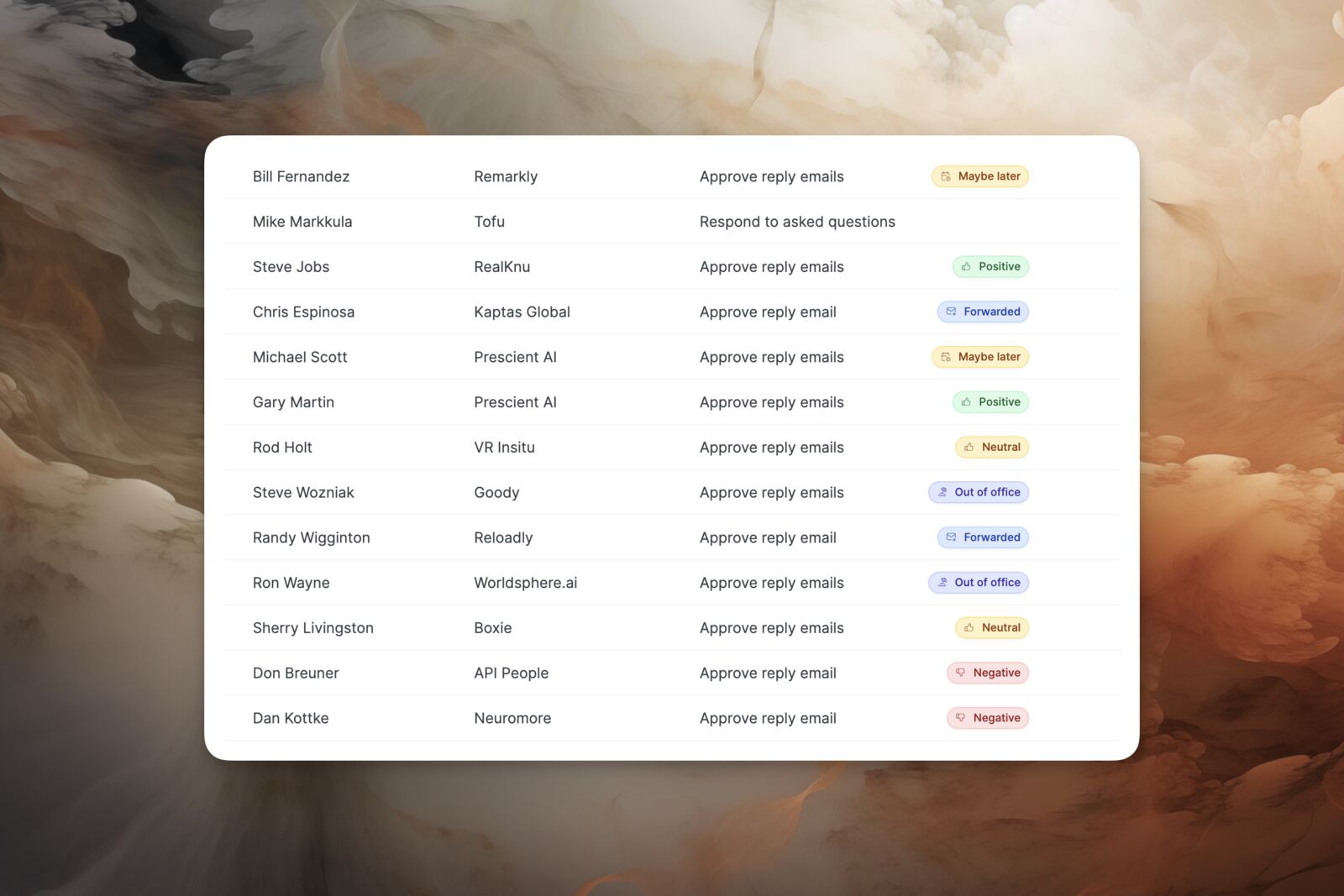 Todo list with action types and color-coded classifications
