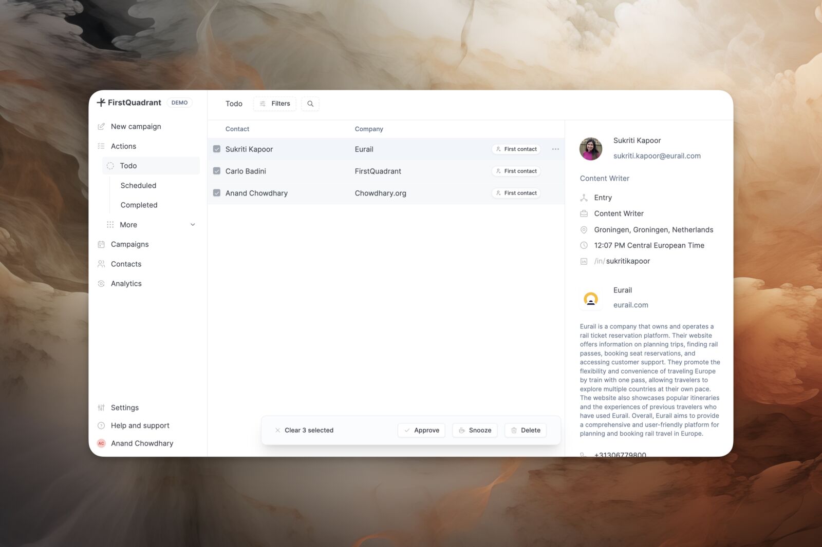 Todo queue with contacts, companies, and sentiment tags