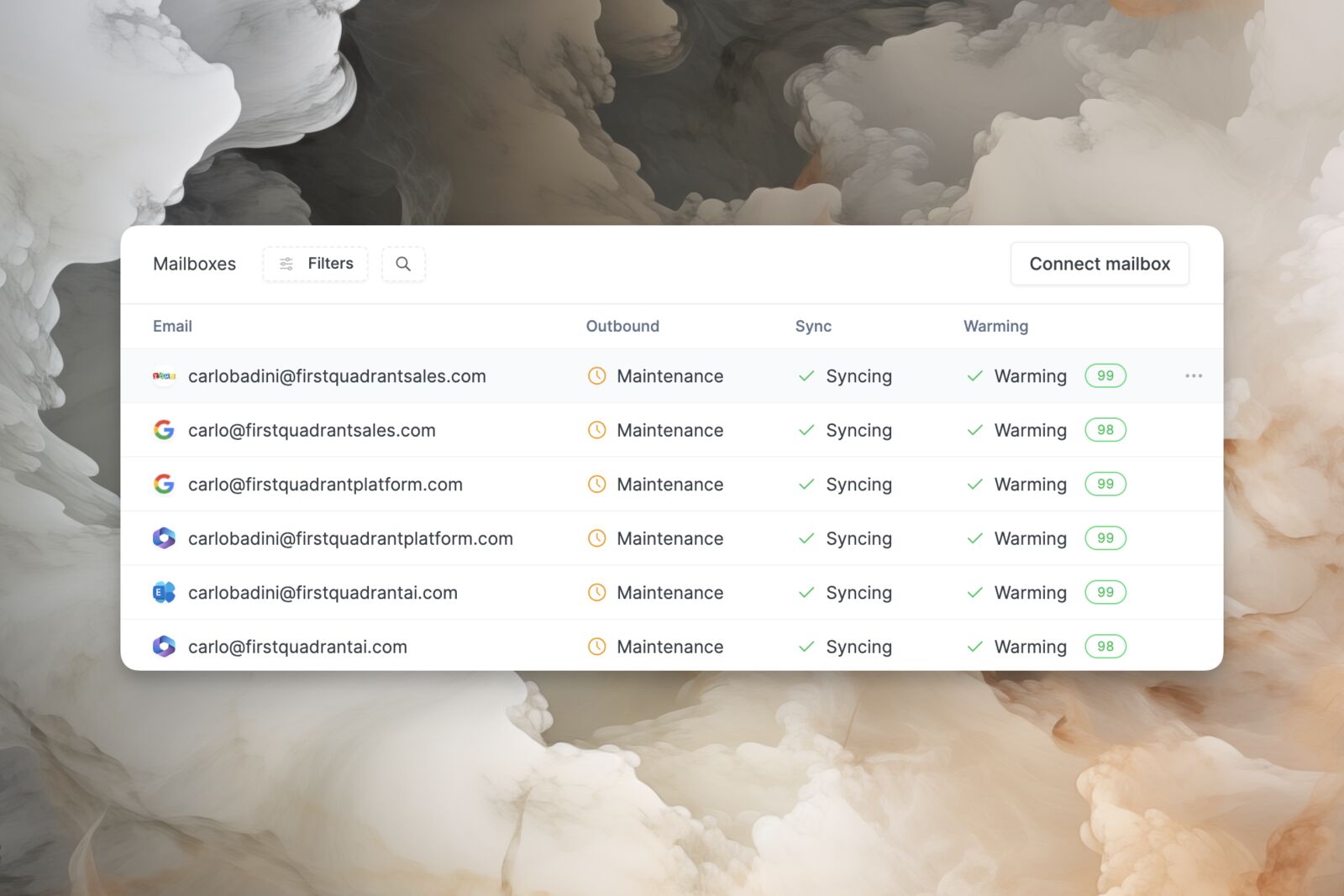 Mailbox dashboard with warming scores