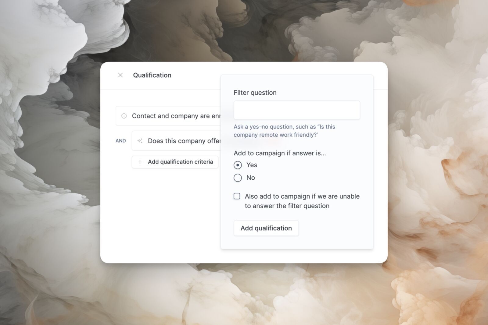Qualification criteria with filter questions