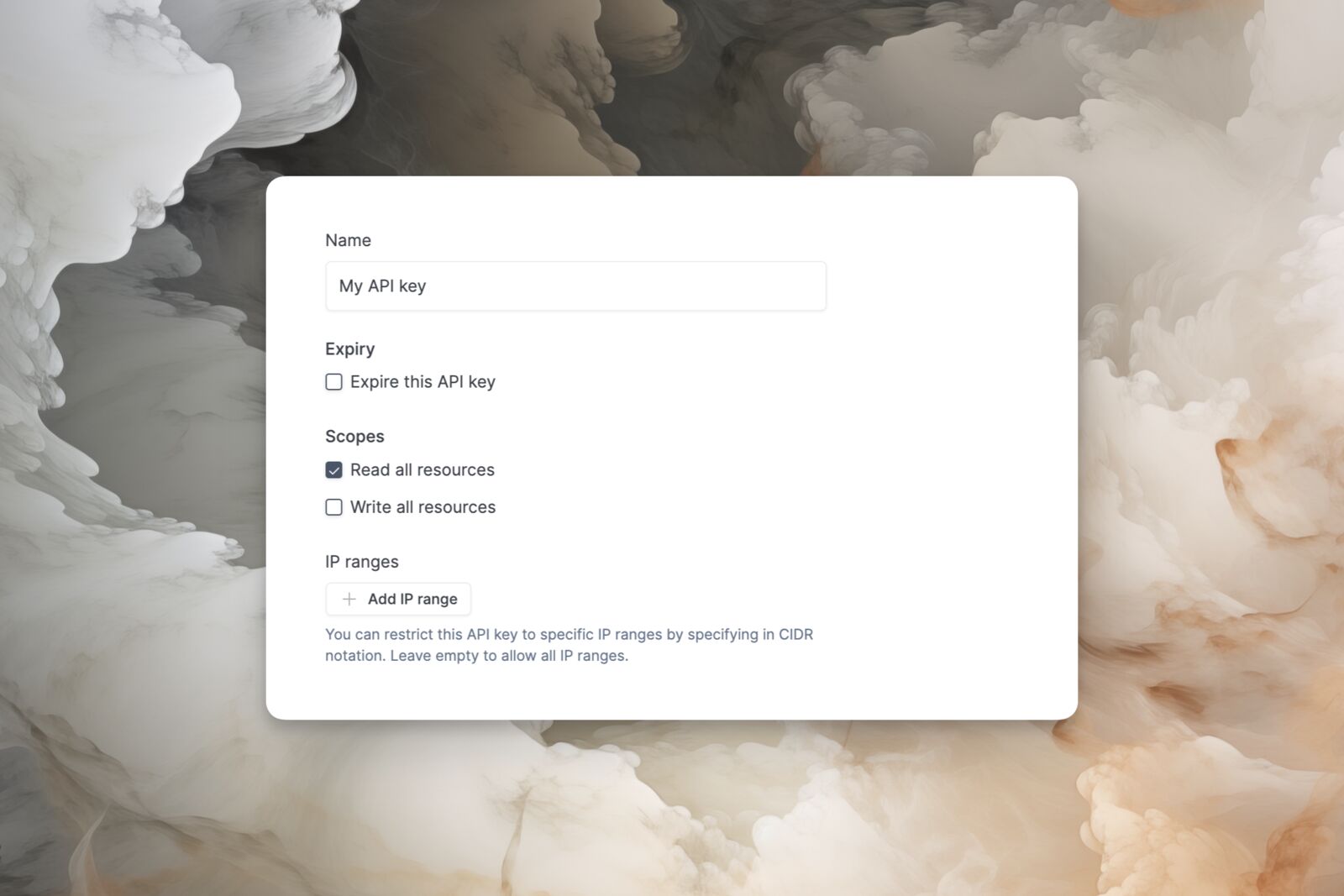 API key configuration with scopes and IP range restrictions