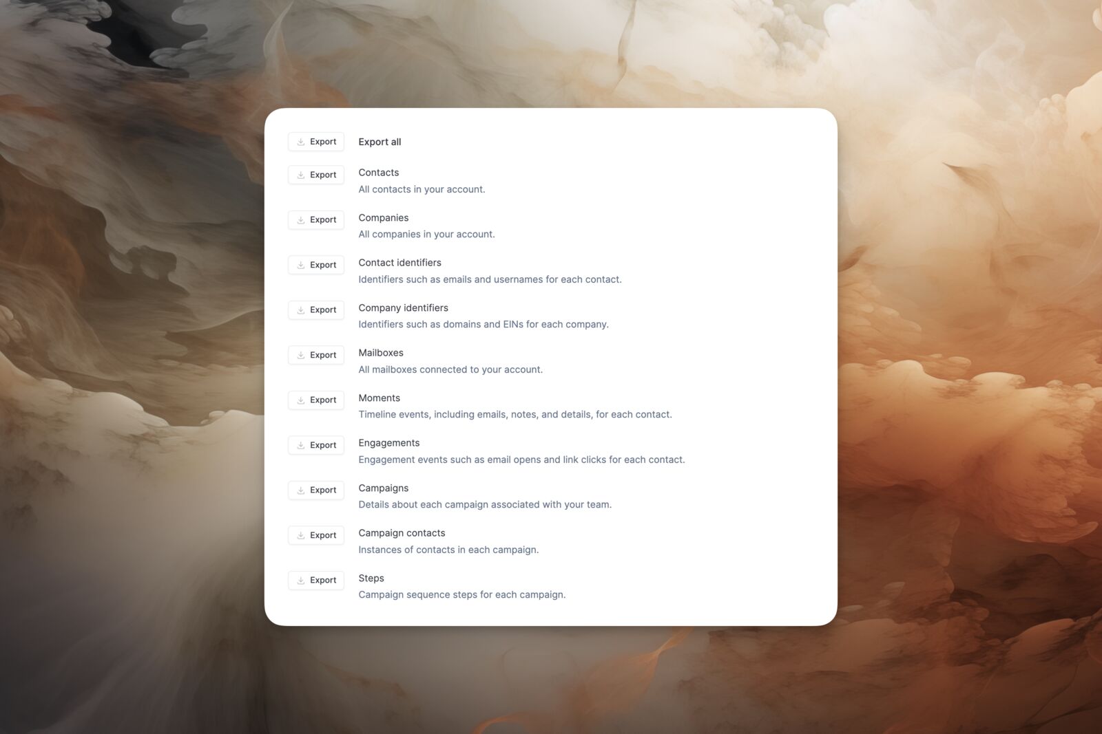 Data export for all resources