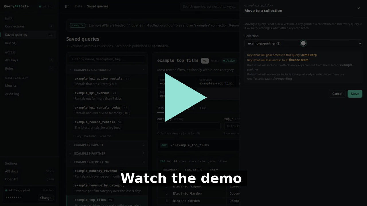 Watch the demo: saved SQL queries as REST endpoints, scoped API keys, and the Move preview showing which keys gain or lose access