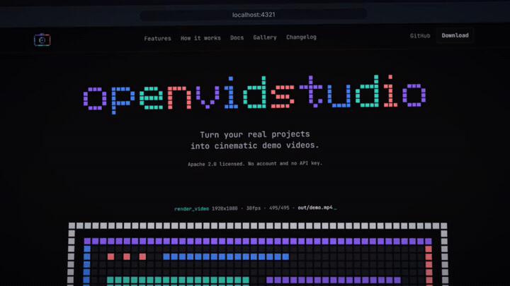 openvidstudio: a real capture of the site, the beats plan, the approval gate, and the repo card, cut straight from a real render