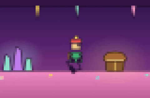 an 8-bit adventurer discovers a glowing treasure chest in a candy-colored cave, texture: pixel