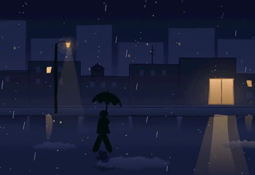 a rainy city street at night, an umbrella, warm window light