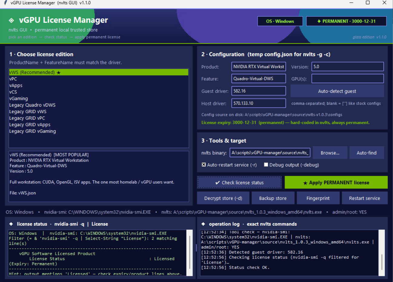 vGPU License Manager — glass GUI screenshot