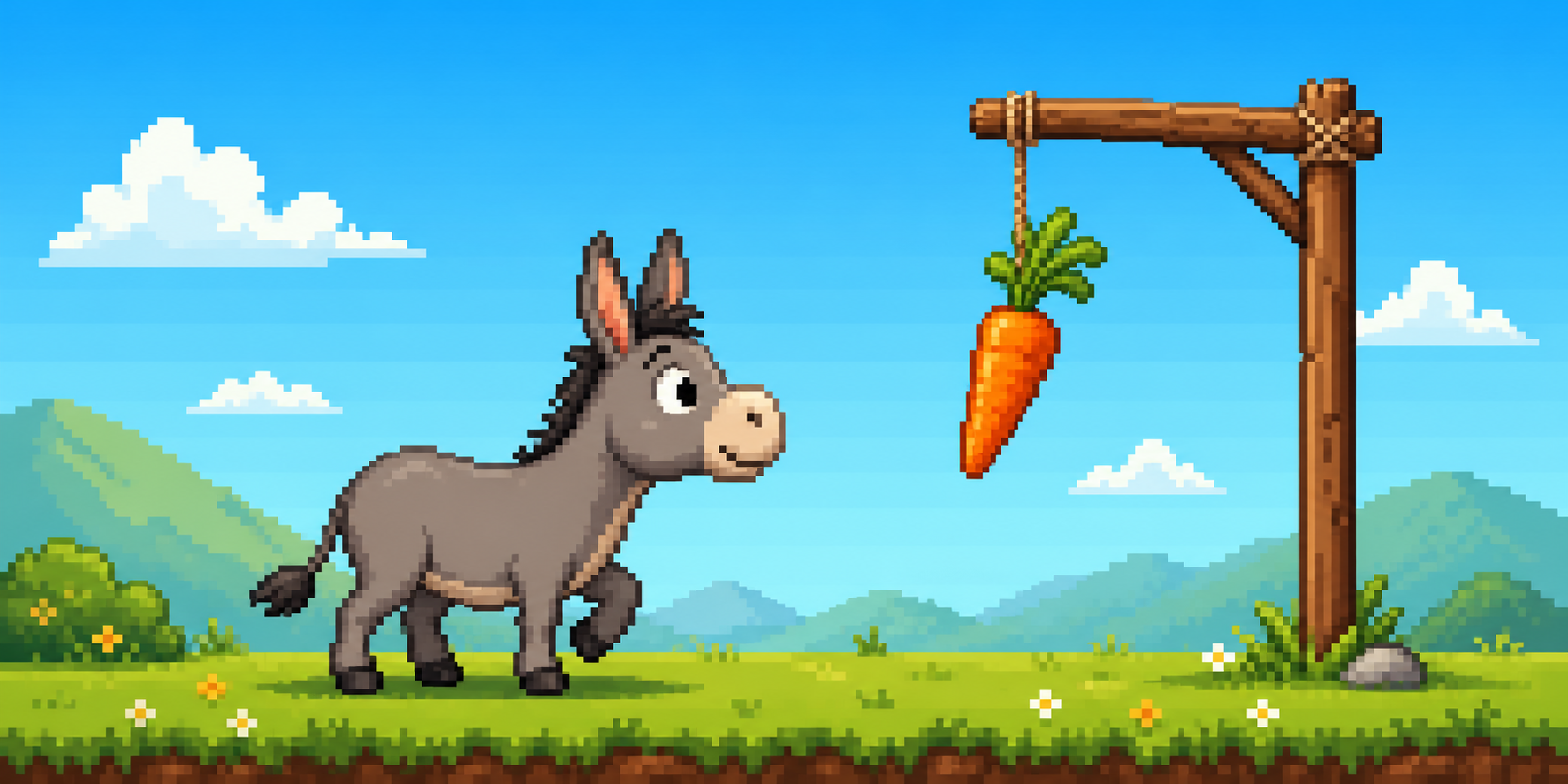 Pixel art donkey following a carrot for repo-harness installation