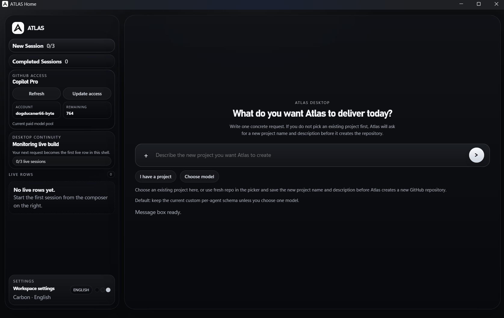 ATLAS desktop home screen in dark mode